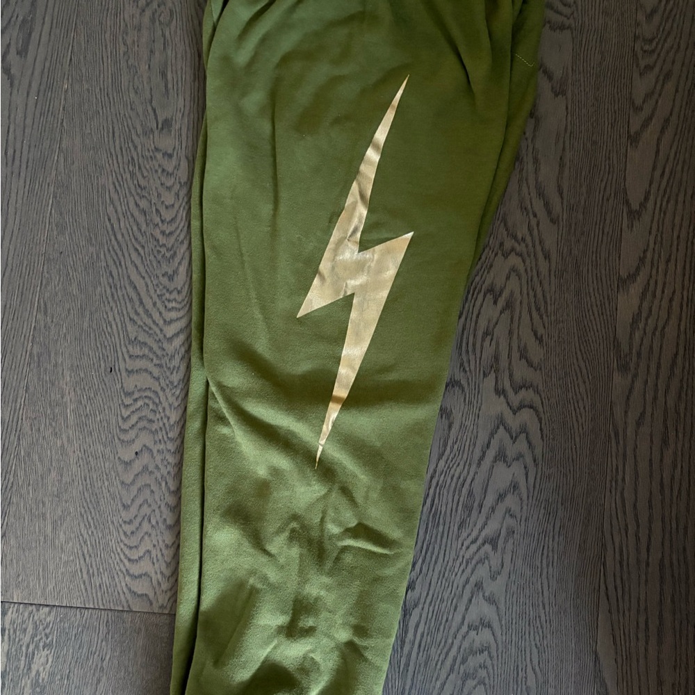 Aviator Nation Green Track Pants with Gold Lightning Bolt